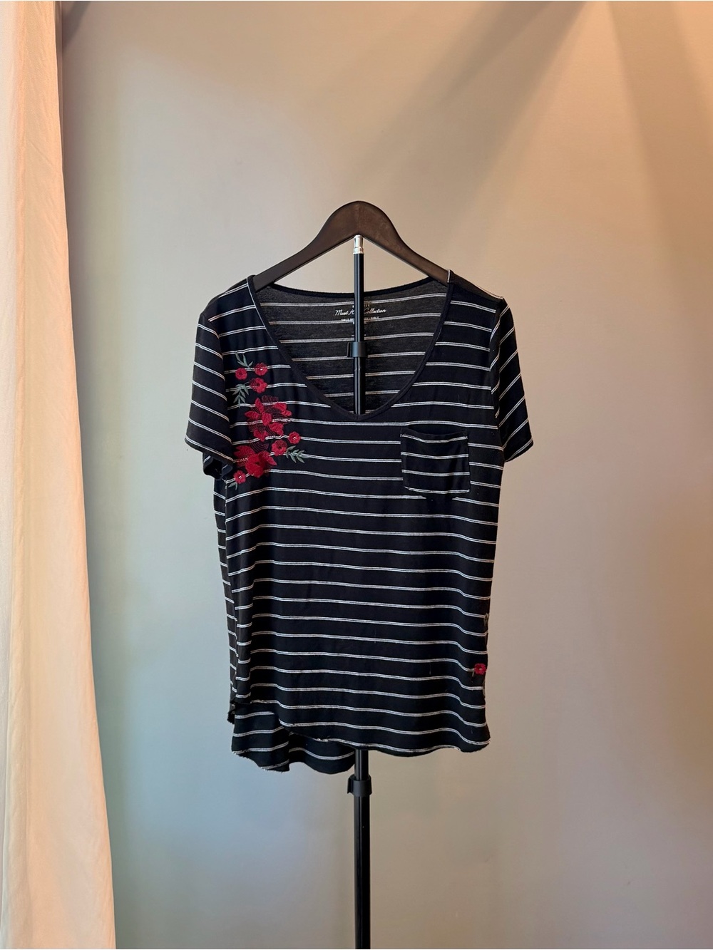 Hollister Striped T-Shirt M Embroidered Floral Pocket Romantic Y2K Whimsigoth
